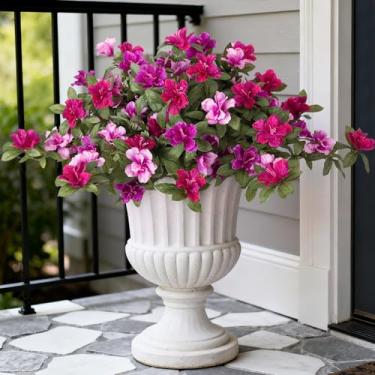 Imagem de Ammyoo Flores artificiais de azaléia falsas para decoração de primavera ao ar livre, flor de seda sintética para o verão, resistente a UV, plantas reais para jardim, quintal, varanda, passarela