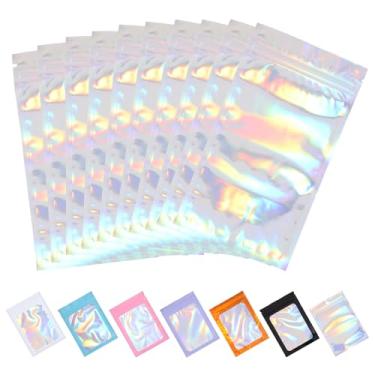 Imagem de Tiparts 100 sacos holográficos Mylar, 9,88 cm x 18 cm, sacos transparentes que podem ser fechados com janela frontal transparente para armazenamento de alimentos, joias, doces, embalagens para