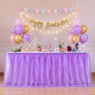 Imagem de gogoparti Saia de mesa roxa de tule para mesas retangulares, saia de mesa roxa plissada de 1,8 m para casamento, chá de bebê, festa de aniversário, decoração de banquetes, saias de mesa de tule