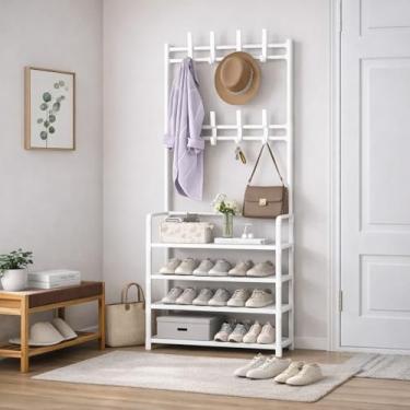 Imagem de Sapateira Arara Organizadora Vertical com 4 Prateleiras, 8 Ganchos para Acessórios, Estrutura de Ferro, Ideal para Quartos e Lavanderias