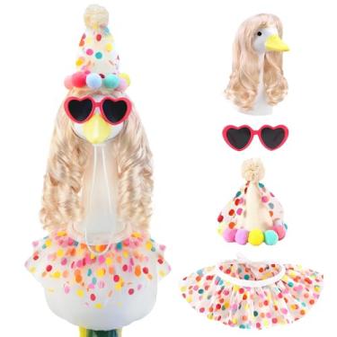 Imagem de ZYIDBNG Conjunto de 1 roupa de ganso de alpendre de aniversário com peruca loira longa chapéu de feliz aniversário cachecol roupas de ganso estilo festa decoração ao ar livre para estátuas de gansos