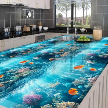 Imagem de HOMETITUTE Papel de parede de PVC Peel and Stick Ocean Scene resistente à água fundo do mar coral padrão de peixe mural de parede efeito de luz azul rolo de filme de superfície decorativa 15,7 x 39,4