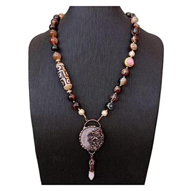 Imagem de DWBPGVUN Colar de contas olho de gato ágata marrom pingente de quartzo rosa 63,5 cm