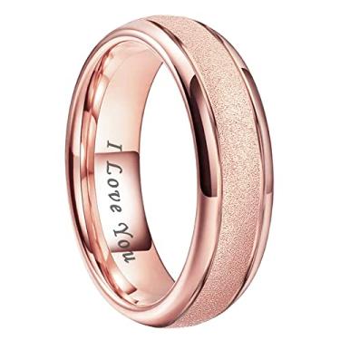 Imagem de TUTISS Anéis de carboneto de tungstênio jateado de ouro ouro rosa de 6 mm, 8 mm, para homens e mulheres, alianças de casamento com gravação I Love You, ajuste confortável, Metal não precioso, Sem pedra preciosa
