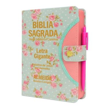 Imagem de Biblia Sagrada Gigante Botão -Floral Verde - C/ Harpa - REI DAS BIBLIA