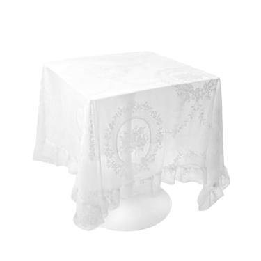 Imagem de eZAKKA Toalha de mesa de renda branca, 139 x 139 cm, quadrada, vintage, bordada, para casamento, casamento, sobreposição transparente para decoração rústica de festa ao ar livre, recepção de casa