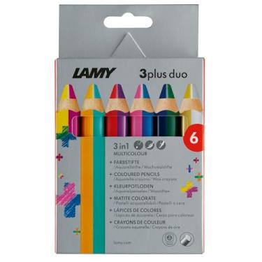 Imagem de Lamy Lápis de colorir duo 3plus em caixa dobrável, conjunto de 6 lápis de cor, aquarela e cera em um - feito de madeira de tília maciça com formato quadrado ergonômico - diâmetro grosso do chumbo de