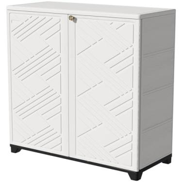 Imagem de KINYING Armário de armazenamento externo à prova d'água com 2 prateleiras, galpão de armazenamento de resina de 60 galões para pátio/jardim/quintal, caixa de armazenamento ao ar livre para almofadas