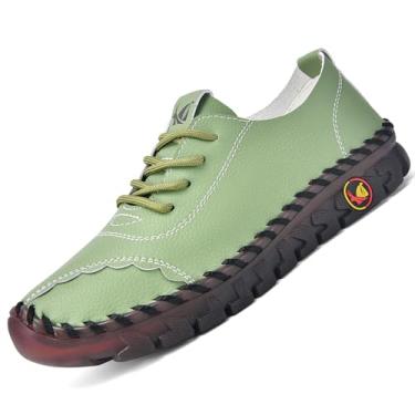 Imagem de Mocassins Femininos Modernos de Couro Genuíno com Fundo Macio Confortável Costurado à Mão Antiderrapante Sapatos de Caminhada Ortopédicos 4D Alívio da Dor Sapatos Casuais, Verde, 35