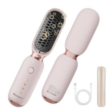 Imagem de VAGARY Escova alisadora de cabelo sem fio, escova de alisamento portátil para viagens, calor rápido 30s, 3 configurações de temperatura, 300 milhões de íons negativos, recarregável por USB, design