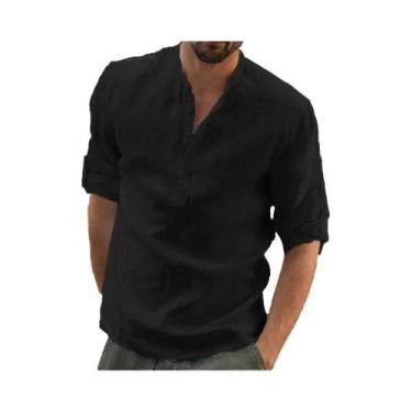 Imagem de Camisa Masculina Casual De Algodão E Linho, Blusa Solta De Manga Longa