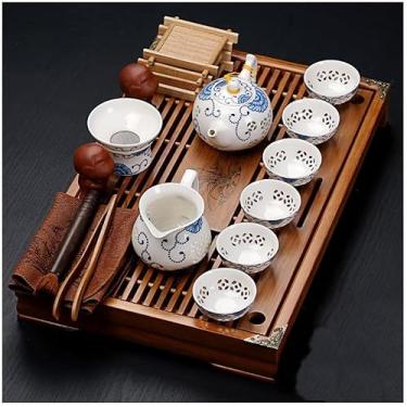 Imagem de Conjunto de chá de Gongfu chinês com bule, xícaras e estátua de Buda - Elegante cerâmica para cerimônia de chá em estilo japonês, perfeito para presente e uso doméstico (Cor: E)