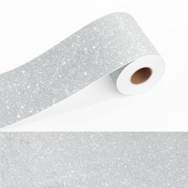 Imagem de Yullpaper Papel de parede de tecido com glitter prata borda descascar e colar para paredes acabamento autoadesivo brilho boletim quadro de cartaz bordas papel de parede para banheiro espelho moldura