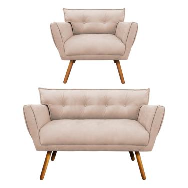 Imagem de Kit 1 Namoradeira 2 Lugares e 1 Poltrona Anitta Suede Pés Palito Castanho - D'Rossi