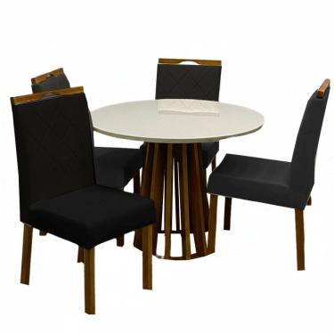 Imagem de Mesa de Jantar Berlim 100cm Redonda com Vidro e 4 Cadeiras California em Veludo Estofadas Cel Móveis Cor Cinamomo Off White com Tecido Preto