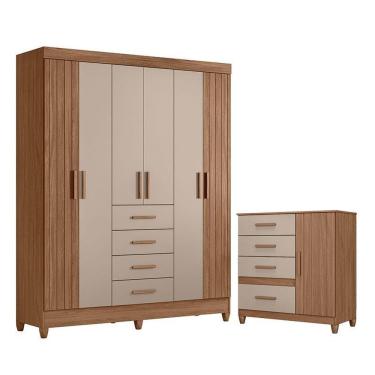 Imagem de Guarda Roupa Solteiro e Cômoda Aruba Vênus 6 Portas 4 Gavetas em MDP com Puxadores em MDF Carvalho Fendi Fosco