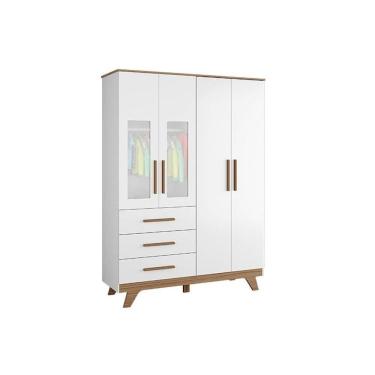 Imagem de Guarda Roupa Infantil Solteiro Quarto Retrô 4 Portas de Bater 3 Gavetas MDF Branco-Amendoa Móveis Peroba