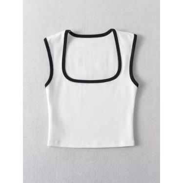 Imagem de Camiseta Feminina Slim Fit Com Contraste, Sem Mangas, Gola Quadrada, T