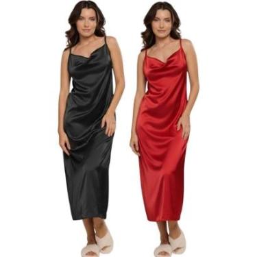 Imagem de KIT 2 Vestido Confortavel Feminino Bella Fiore Camisola Longa De Seda Cetim Moda Casual Feminina-Feminino