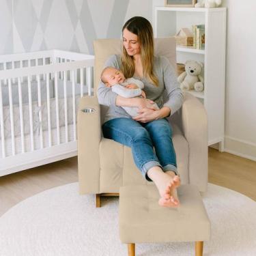 Imagem de Poltrona De Amamentar Com Pes de Madeira de Balanço Com Puff Para Os P