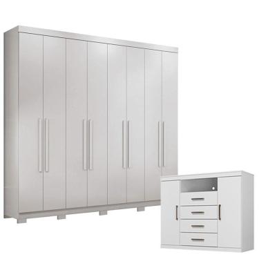 Imagem de Guarda Roupa Casal New Master Com Pés 8 Portas E 4 Gavetas Com Cômoda Havana Master Branco Brilho - Santos Andirá