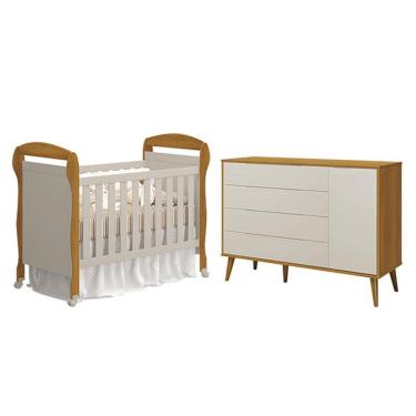 Imagem de Berço Americano Danny E Cômoda Com Porta Elfe Retrô Areia Savana Acetinado Amadeirado - Reller