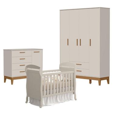 Imagem de Quarto De Bebê 4 Portas Com Cômoda Com Porta Flip E Berço Americano Danny Areia Acetinado - Reller