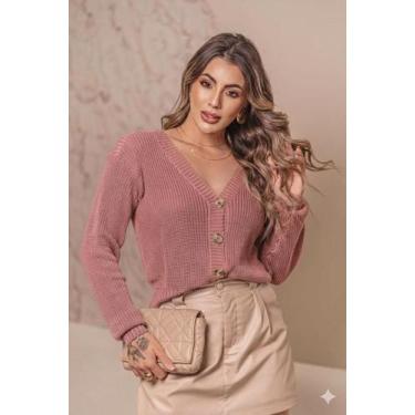Imagem de Casaquinho Feminino Fang Botões Decote V Tricot Inverno Cor:NudeTamanh