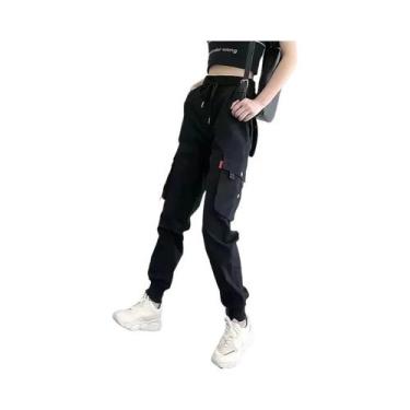 Imagem de Calças Jogger Cargo Femininas Pretas Casuais Estilo Hip-hop Streetwear
