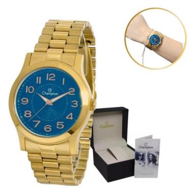 Imagem de Relógio Feminino Champion Dourado Com Mostrador Azul