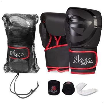 Imagem de Kit Luva de Boxe Muay Thai - Naja Black Preto/Vermelho + Bandagem + Bu