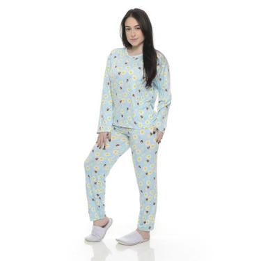 Imagem de Pijama inverno  feminino malha suede corfortável frio - TERÊ, Azul com