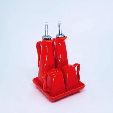 Imagem de Galheteiro de cerâmica 5 Peças Cerâmica - Lumes Decoraçoes, Vermelho