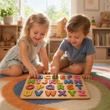 Imagem de Brinquedo Didático Madeira C/ 26 Peças Coloridas Encaixe - Dm Toys