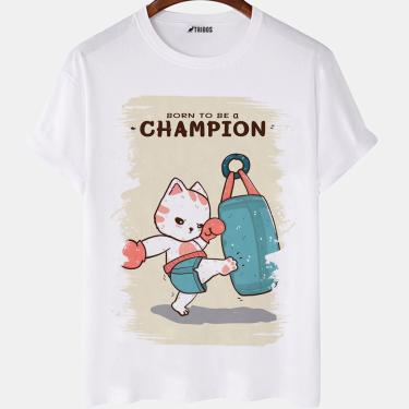 Imagem de Camiseta masculina Gato Fofo Born To Be a Champion Camisa Blusa Branca Estampada
