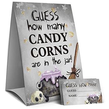 Imagem de Guess How Many Candy Milns Jogo de festa de Halloween, lembrancinhas de festa de Halloween, jogo de festa de Halloween para crianças e adultos, doces ou travessuras, atividade familiar - 1 placa e 50 cartas de adivinhação (25A)