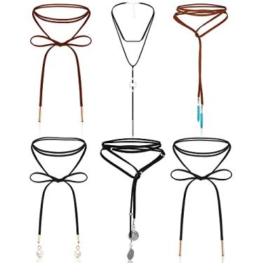 Imagem de Sureio 6 gargantilhas femininas de veludo de couro preto, gótico, boêmio, marrom, veludo, borlas, gargantilha moderna, com bolsa de veludo, para mulheres, Multi, M