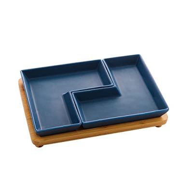 Imagem de CJ 2 PETISQUEIRAS PORCELANA C/BANDEJA BAMBU AZUL MATT 23x15x5cm