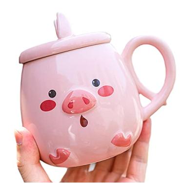 Imagem de seelucky Caneca de porquinho rosa com tampa colher 3D bonito cerâmica café chá leite copo casal conjunto de canecas presente de aniversário mulheres amigas (porquinho surpresa, 500 ml)