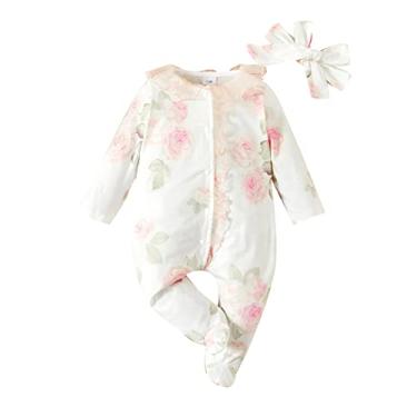 Imagem de Macaquinho de manga comprida para bebês recém-nascidos, de algodão, floral, outono, para meninas (branco, 0 a 3 meses)