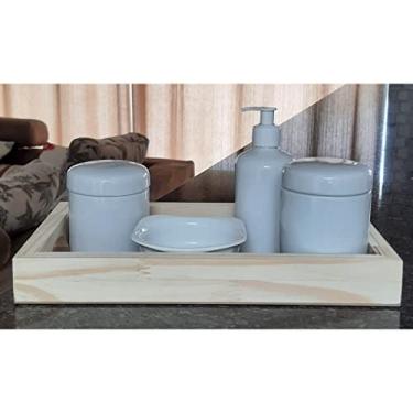 Imagem de Kit higiene bebê 5 peças - Bandeja, potes, porta álcool e molhadeira - Peças porcelana bandeja pinus