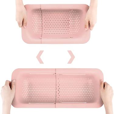 Imagem de Escorredor dobrável para cozinha, coador extensível, frutas, legumes, macarrão, ralo, comida, cesto de ralo, economiza espaço, escorredor portátil sobre a pia (rosa)