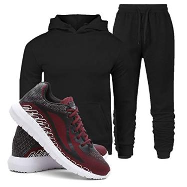 Imagem de Kit Moletom Blusa e Calça Masculino Algodão Conforto + Tenis Masculino SPEED Conforto - Preto/Vermelho - M/38
