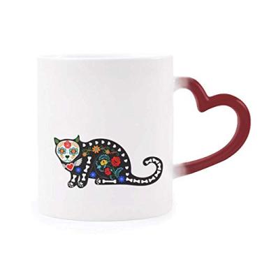 Imagem de Caneca preta de gato flor osso Halloween Terror sensível ao calor Caneca vermelha muda de cor grés