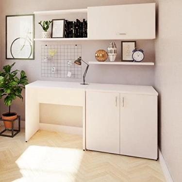 Imagem de Conjunto Home Office Escrivaninha Balcão 2 Portas Armário Aéreo 3 Prateleiras Bramov Branco