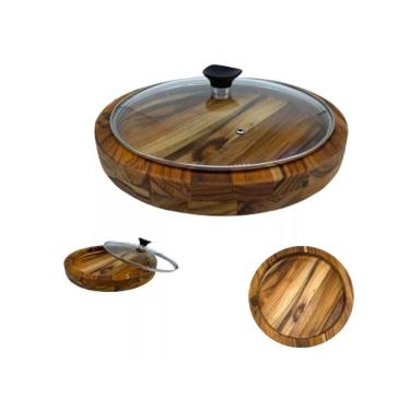 Imagem de Gamela De Madeira Churrasco Redonda Com Tampa De Vidro 33 Cm - Le Requena