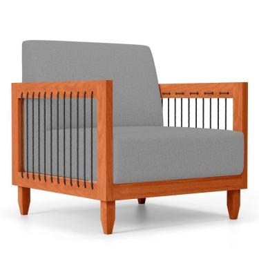 Imagem de Poltrona Decorativa Varanda Samoa Madeira Maciça com Cordas Náutica Linho Cinza  - Desk Design