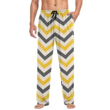 Imagem de linqin Calça de pijama masculina confortável de algodão macio calças de dormir moda padrão ziguezague cores amarelas calças de pijama, Estampa em ziguezague na moda, cores amarelas, XXLarge