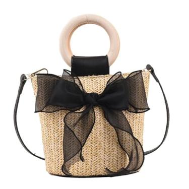 Imagem de KoeLaP Mini bolsa feminina verão praia tecido balde bolsa de ombro feminina designer fivela bolsa transversal, Bolsa tiracolo preta, 19X16X12cm