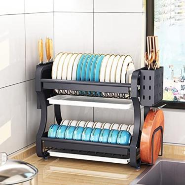 Imagem de Rack de pratos, rack de secagem de pratos de 2 camadas de aço inoxidável 304, rack de escorredor de pratos com bandeja coletora, com suporte para utensílios, suporte para placa de corte, esc